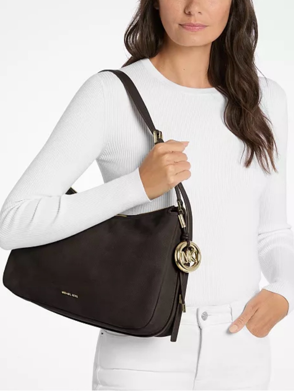 Michael Kors Nolita Chocolate Brown Nubuck suede Shoulder bag with Gold MK Charm